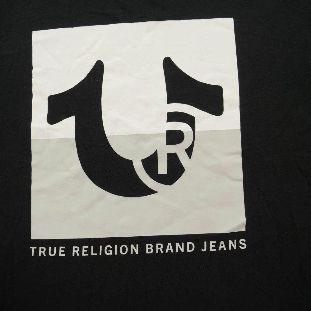 True Religion Shirt Mens Extra Large Black Crew Graphic Print Logo Short Sleeve